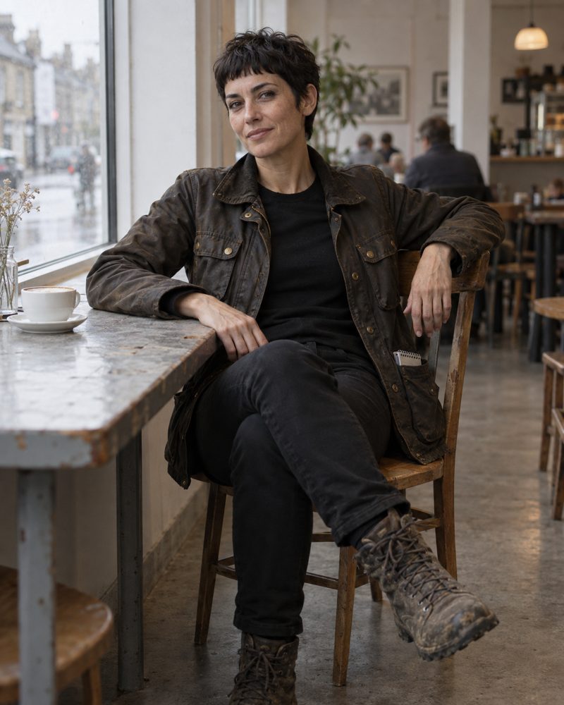 dice sits by the long window of a café on a wet day, rain on the pale stone street outside. She looks straight at the camera with a small, dry half-smile. Black textured French crop with a short choppy fringe; warm olive skin. An open, well-worn brown waxed jacket over a black crew-neck and slim black trousers. One forearm rests on a chipped grey table beside a cappuccino, the other over the back of a wooden chair, one leg crossed over the other, with mud-caked walking boots kicked towards the camera.