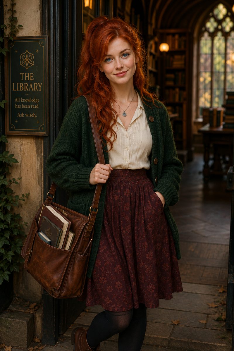Poppy stands in the doorway of an old library, smiling, with long, curly red hair half tied up, blue eyes and freckles. She wears a dark green chunky cardigan over a cream blouse, a small pendant, a deep red floral skirt, black tights and brown shoes, with a brown leather satchel full of books on her shoulder. Behind her, bookshelves and a tall Gothic window glow in autumn light. Beside the door, among the ivy, a dark green sign reads: THE LIBRARY. All knowledge has been read. Ask wisely.